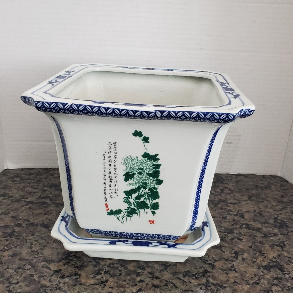 Vintage Chinese Ceramic Planter With Signed Tray.
